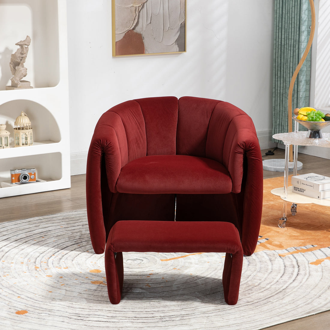 Coolmore Accent Chair With Ottoman, Mid Century Modern Barrel Chair Upholstered Club Tub Round Arms Chair For Living Room Bedroom Office Wine Red Velvet Wine Red Foam Velvet