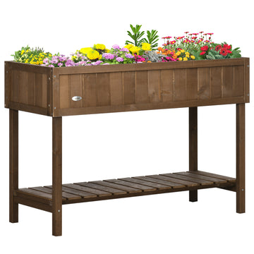 Outsunny 43X18X30In Raised Garden Bed With 8 Pockets And Shelf, Wooden Elevated Planter Box With Legs To Grow Herbs, Vegetables, And Flowers, Dark Brown Brown Wood