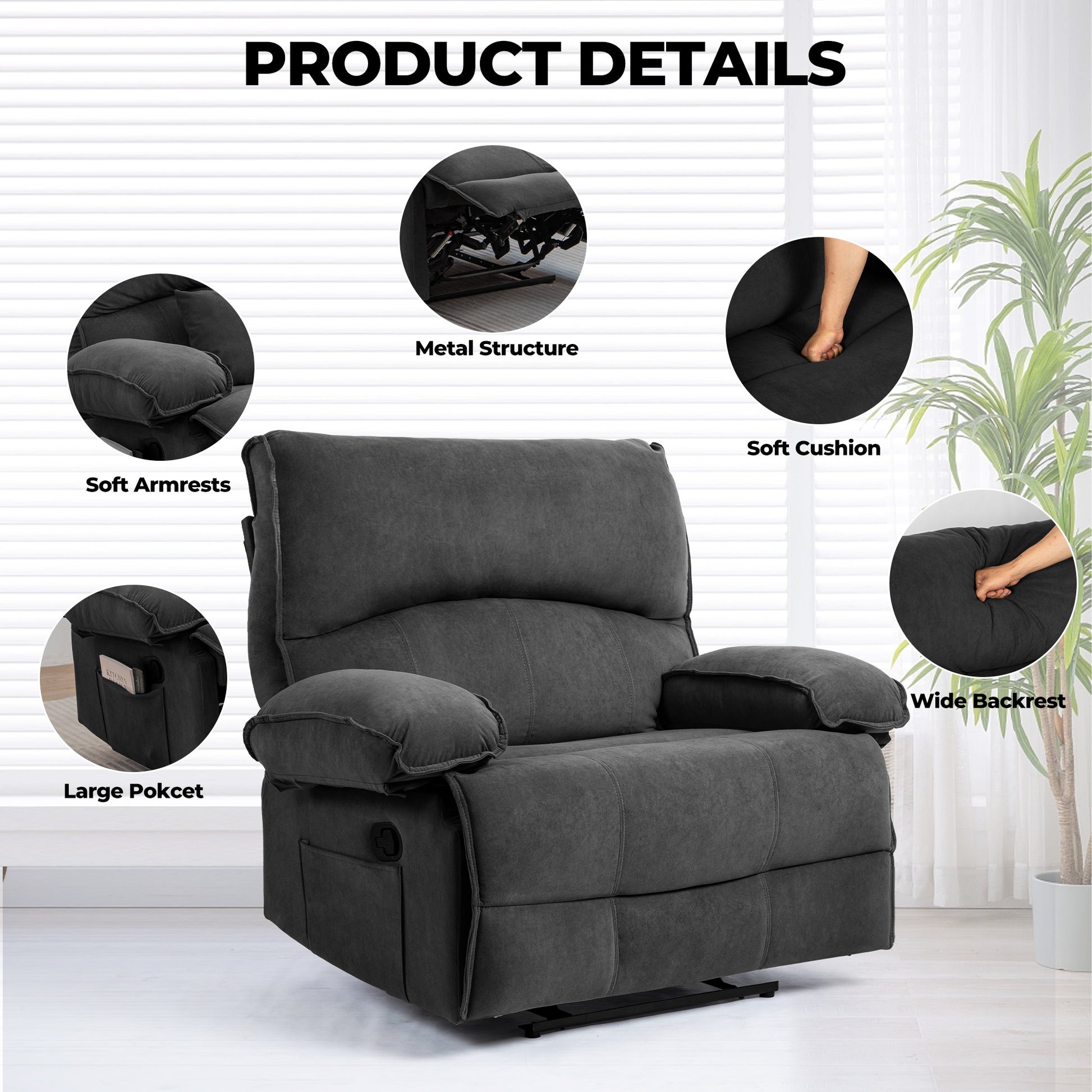 Oversized Manual Recliner Chair Sofa For Living Room Grey Velvet Manual Handle Metal Primary Living Space Soft Cushion Back Heavy Duty American Design,American Traditional,Classic Pillow Top Arms Foam Velvet