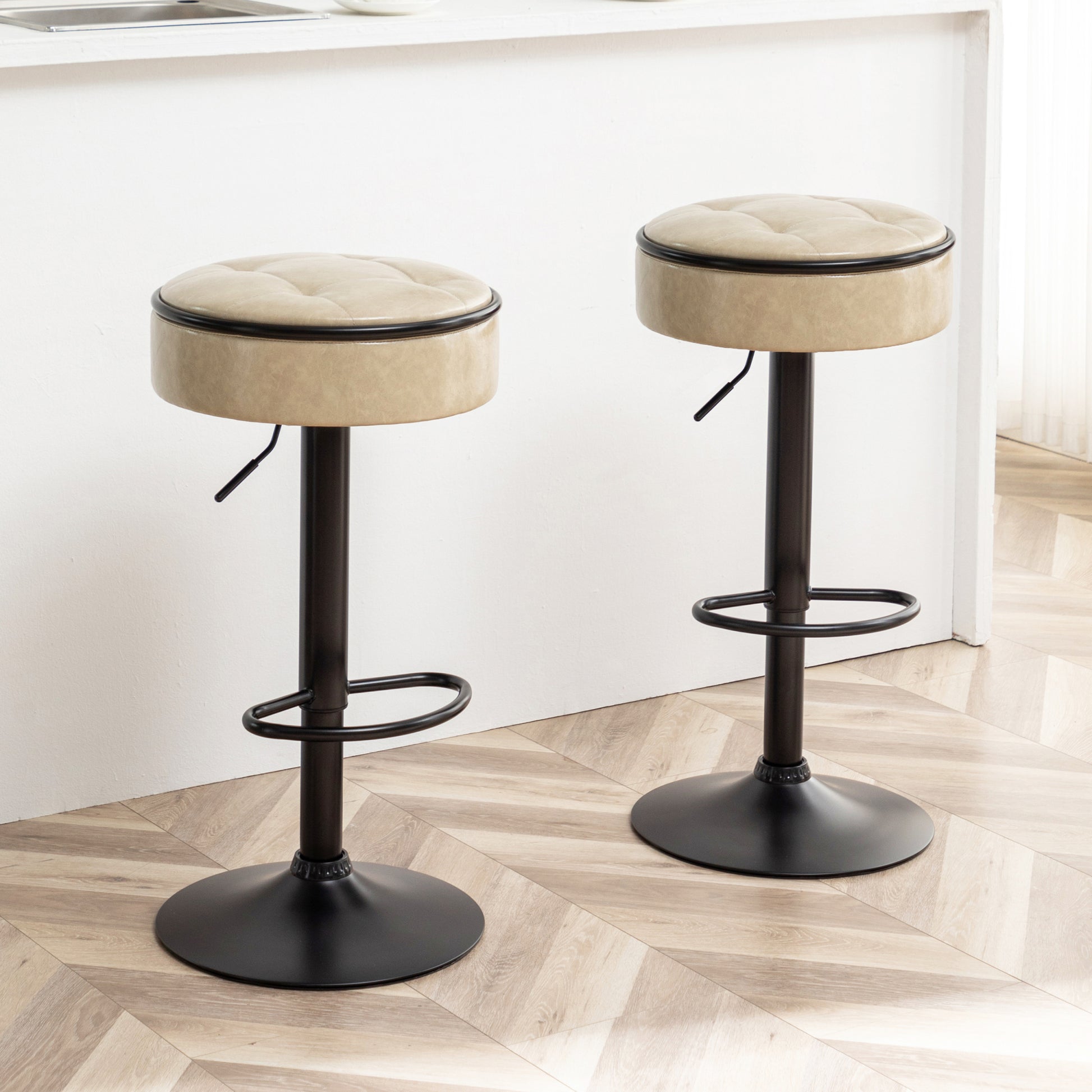 Round Storage Bar Stool Set Of 2, Khaki Faux Leather Height Adjustable Barstool, 360 Counter Height Swivel Stool, Armless Bar Chair With Metal Frame For Kitchen Counter Dining Living Room Khaki Set Of 2 Foam Pu Leather