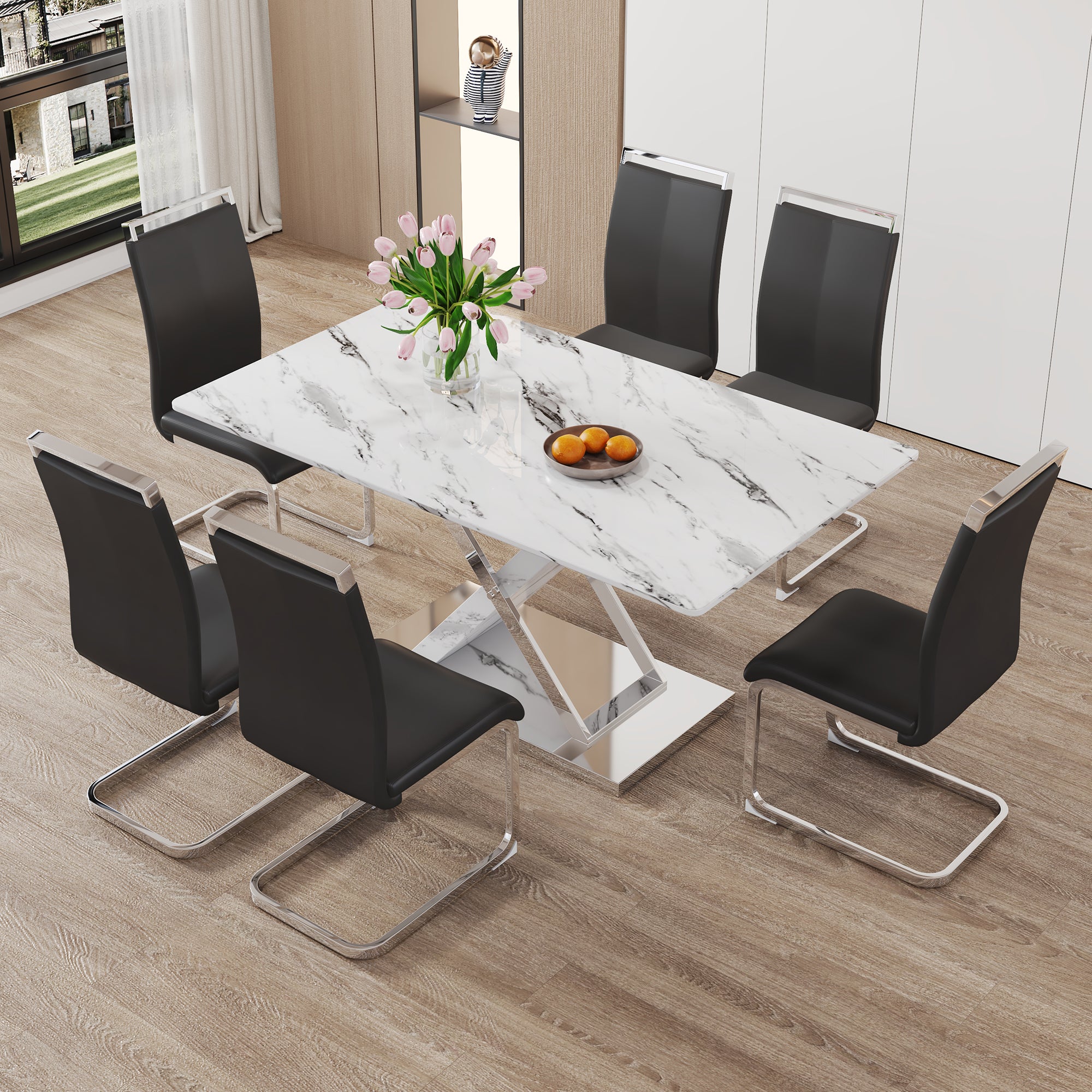 Table And Chair Set, Modern Dining Table, Imitation Marble White Top And Silver Legs, Soft And Comfortable Dining Chair, Perfect For Dinner, Meetings, Home And Office Decor Black Silver Glass Metal