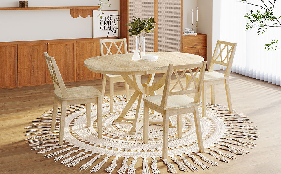 Mid Century 5 Piece Extendable Round Dining Table Set With 15.7" Removable Leaf And 4 Cross Back Dining Chairs, Natural Wood Dining Room Extendable Rubberwood Oval Dining Table With Chair Wood Wood Natural Seats 4 Removable Leaf Mid Century Modern Oval