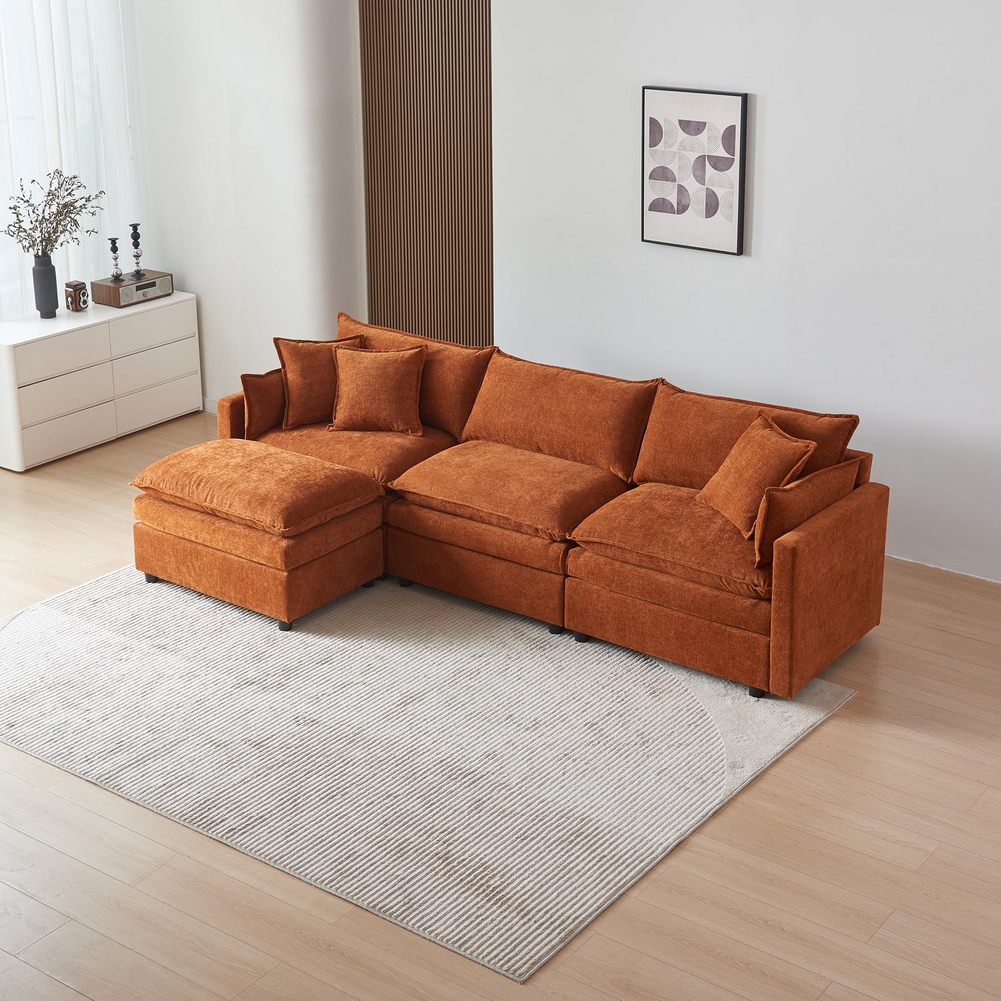 Modular L Shaped Sectional Sofa With Ottoman, Chenille Fabric Sofa Couch, Comfy Upholstered Furniture For Living Room, Apartment, Studio, Office Orange Wood Medium Soft Foam Chenille 4 Seat