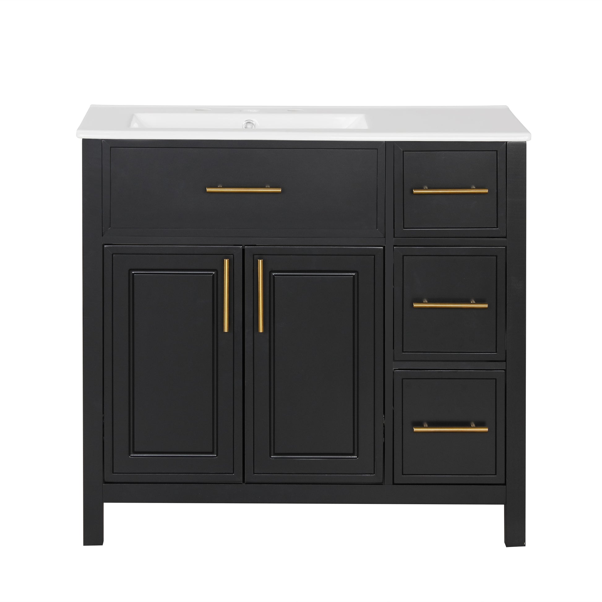 36" Bathroom Vanity With Sink Top, Bathroom Vanity Cabinet With Two Doors And Three Drawers, Solid Woodmdf Boards ,One Package, Black Black Solid Wood Mdf