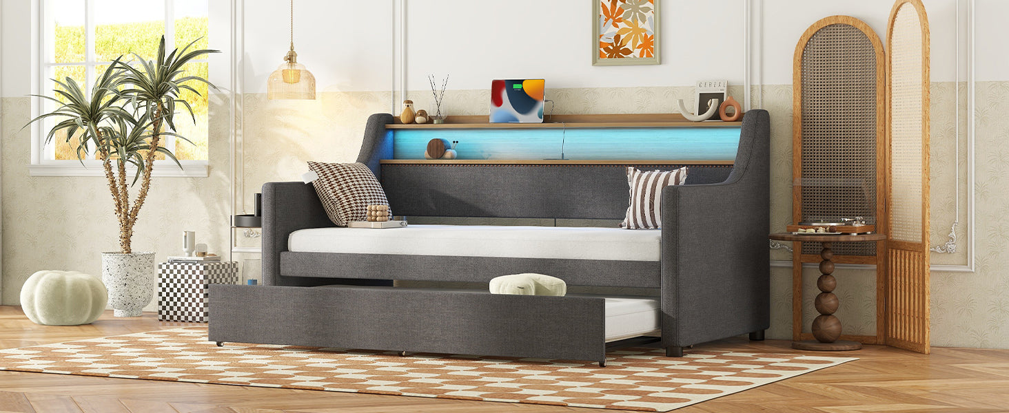 Twin Size Daybed With Trundle Bed, Upholstered Daybed With Charging Station And Led Lights, Gray Twin Gray Linen