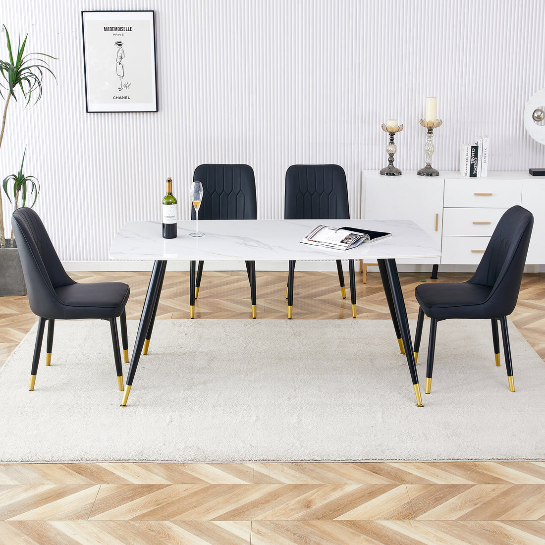 Modern Minimalist Dining Table. White Imitation Marble Pattern Sintered Stone Desktop With Black Metal Legs.Modern Dining Chair With Pu Artificial Leather Backrest Cushion And Black Metal Legs.F 001 Black Gold Sintered Stone