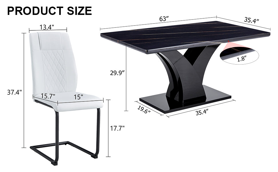 Table And Chair Set, Modern Dining Table, Black Tabletop And Black Mdf Leg Table, Soft And Comfortable Dining Chair, Perfect For Dinner, Meetings, Home And Office Decor White Black Mdf