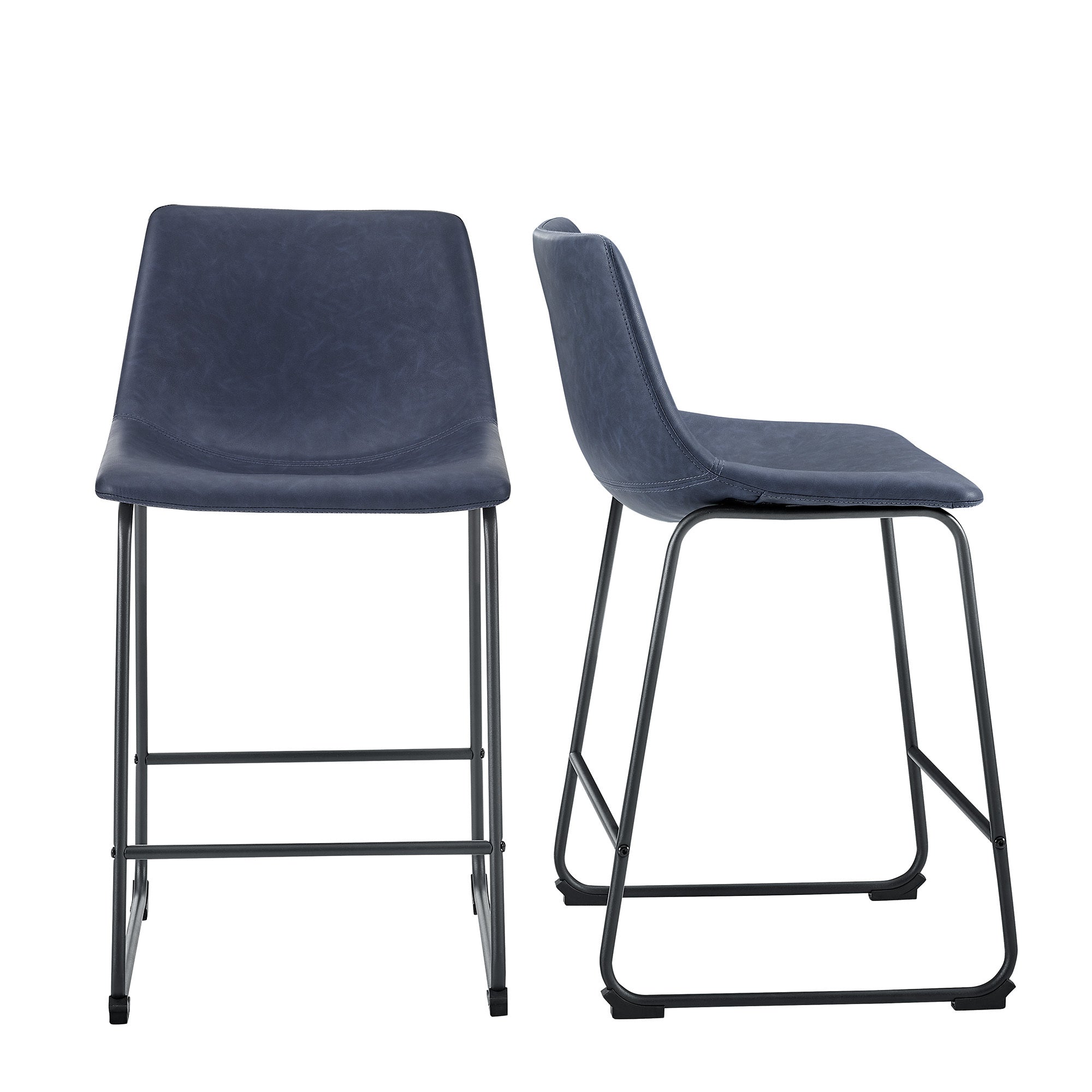 Industrial Faux Leather Counter Stools, Set Of 2 Blue Navy Polyurethane Foam Pu Leather