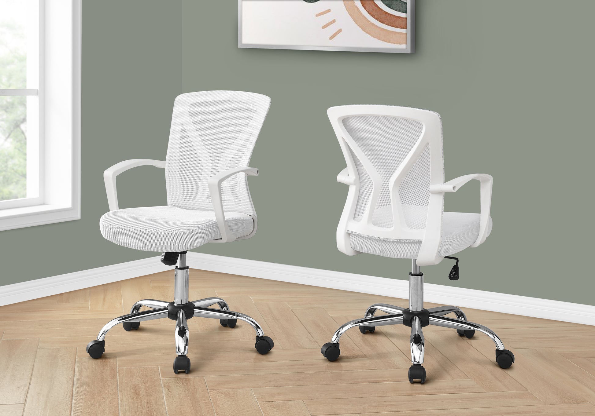 Office Chair, Adjustable Height, Swivel, Ergonomic, Armrests, Computer Desk, Work, White Mesh, Chrome Metal, Contemporary, Modern White Foam Polyester