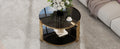 Modern Black Mirror Coffee Table, Asymmetrical Metal, Circular Metal Drum Base, Gold Finish & Lower Shelf Black Tempered Glass