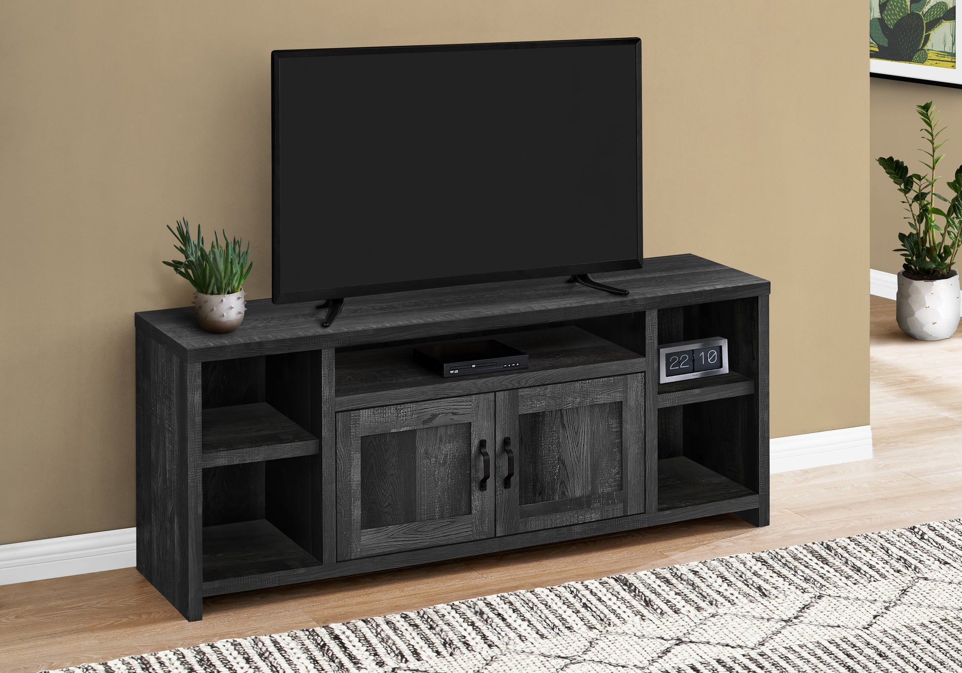 Tv Stand, 60 Inch, Console, Media Entertainment Center, Storage Cabinet, Living Room, Bedroom, Black Laminate, Transitional Black 80 89 Inches Mdf