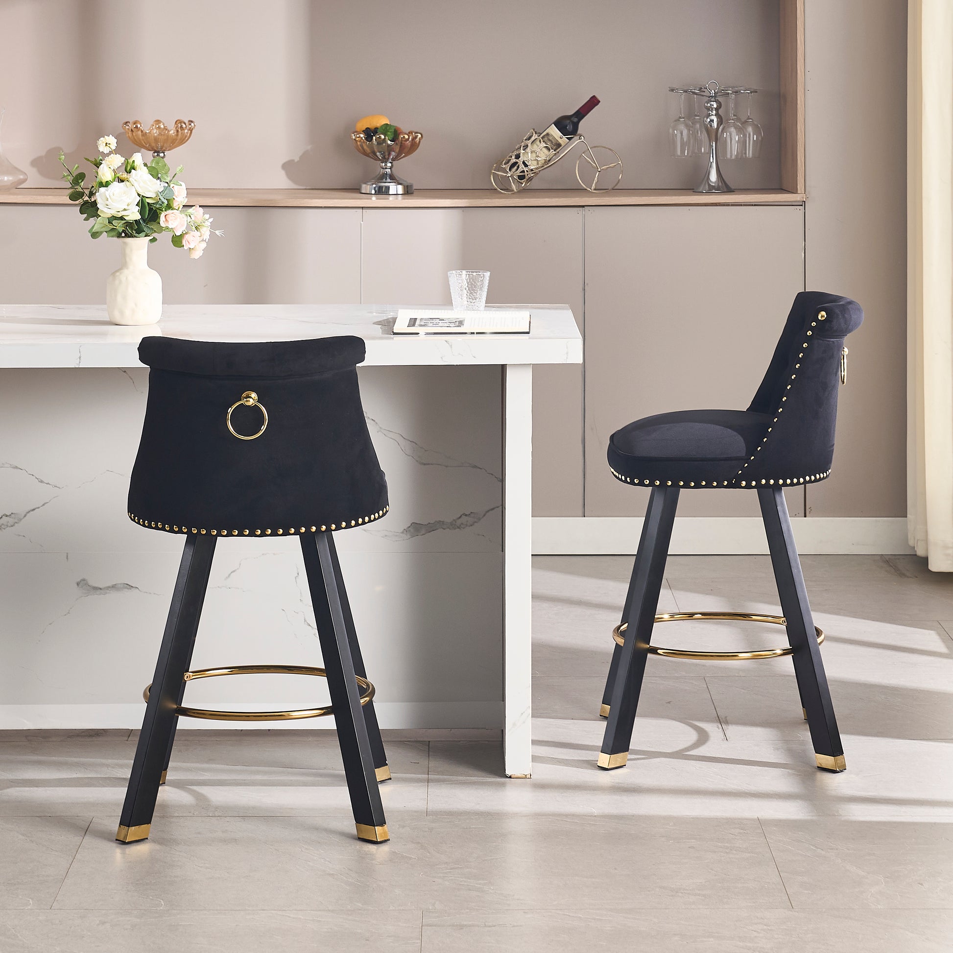 Coolmore Set Of 2,Back Pull Point Design, Velvet Material, 360 Degree Rotation, Back Pull Loop Detachable Design, Rivet Decoration, Square Foot Wooden Bar Chair Black Velvet