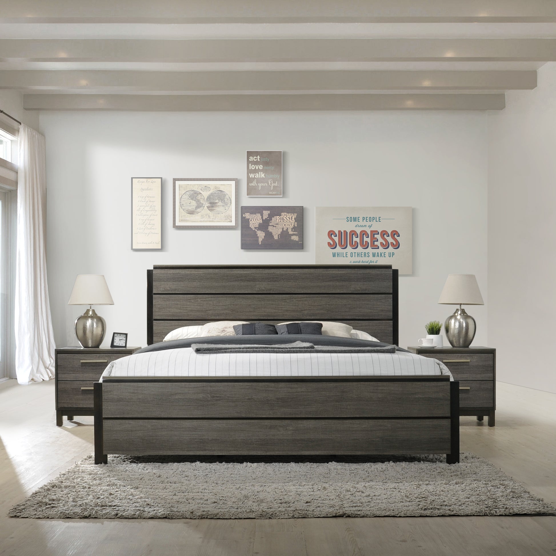 Ioana Antique Grey Finish 3 Piece Wood Bed Room Set, Queen Size Bed And Two Nightstands Box Spring Required Queen Gray Wood Gray 3 Piece Set Bedroom Bed Included,Nightstand Included Contemporary,Modern Rubberwood Low Profile Wood