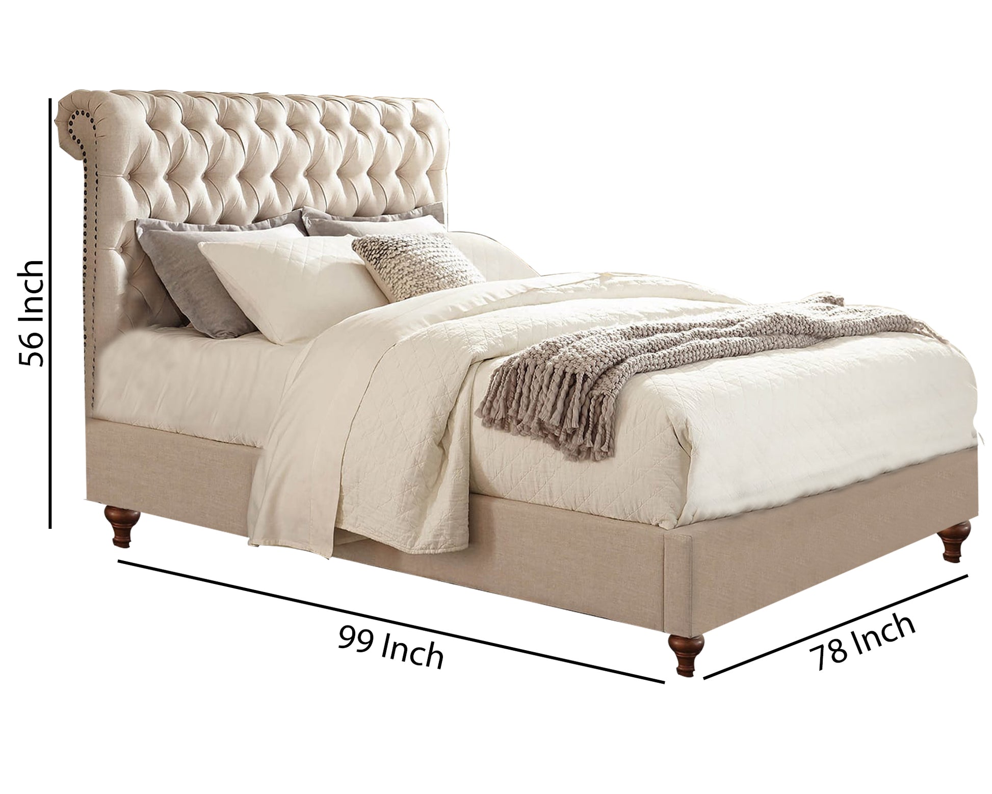 Wooden California King Size Bed With Button Tufted Headboard, Beige California King Beige Wood Fabric