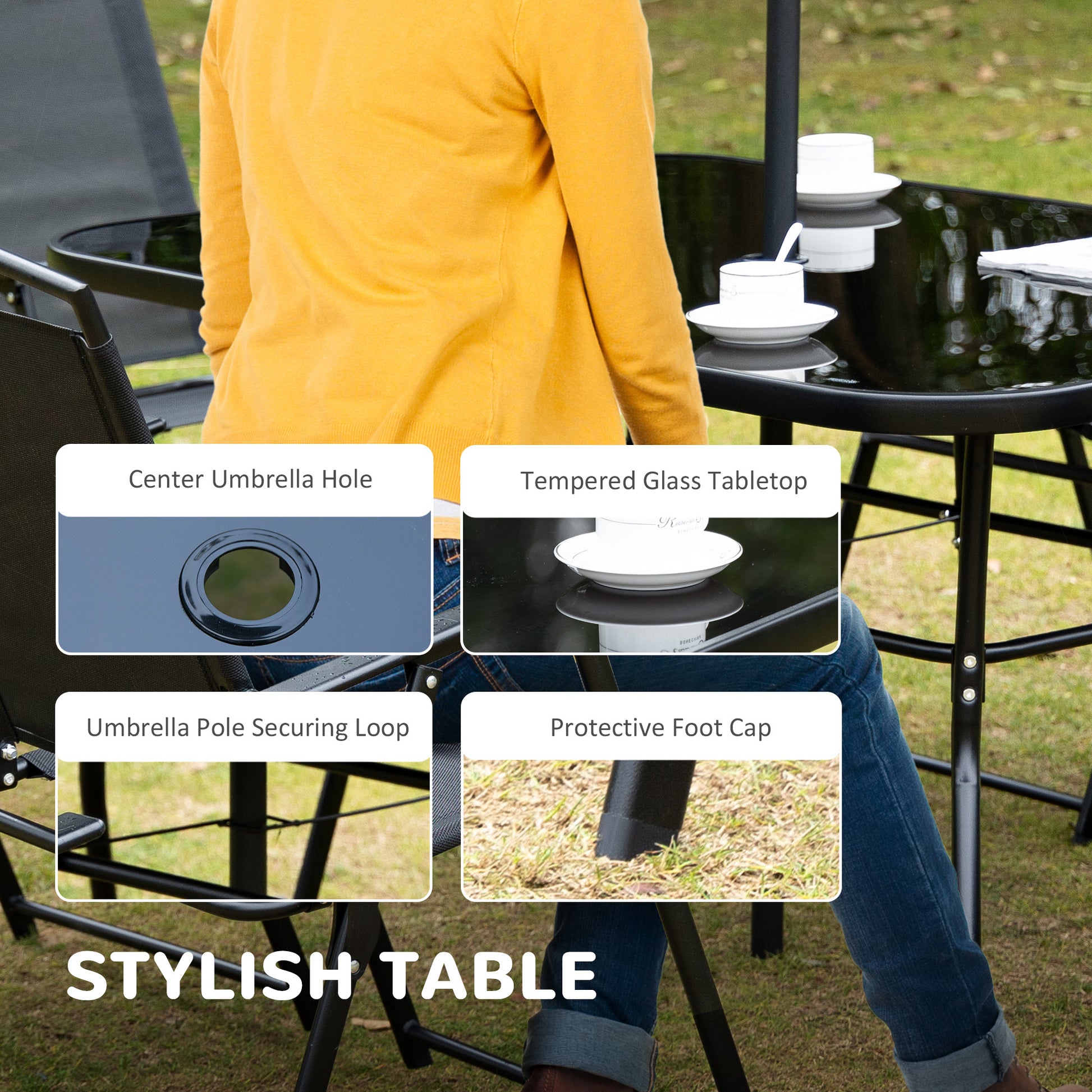 Outsunny 8 Piece Patio Dining Set With Table Umbrella, 6 Folding Chairs And Rectangle Dining Table, Outdoor Patio Furniture Set, Black Black Metal