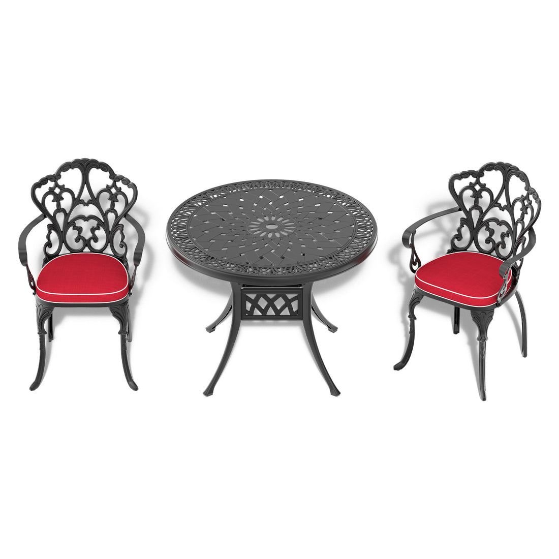 Cushions In Random Colors 3 Piece Set Of Cast Aluminum Patio Furniture With Cushions Yes Dining Set Black Seats 4 Rust Resistant Frame Water Resistant Cushion Garden & Outdoor Complete Patio Sets Aluminium