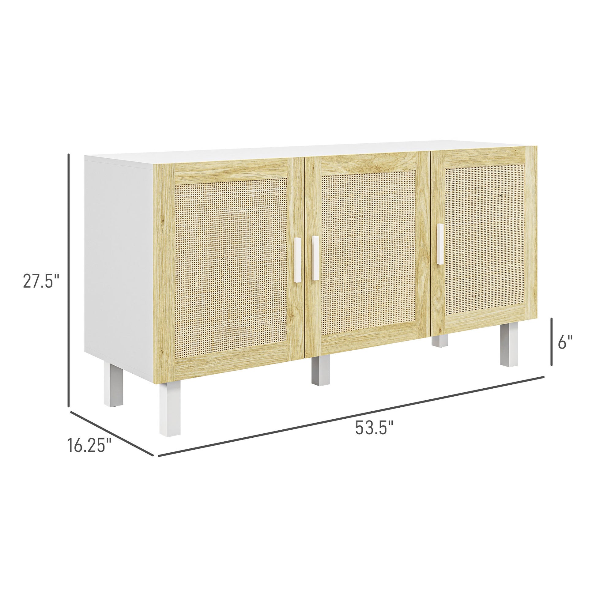 Homcom Sideboard Buffet Cabinet, Kitchen Cabinet, Coffee Bar Cabinet With 3 Rattan Doors And Adjustable Shelves, White And Natural White Natural Particle Board