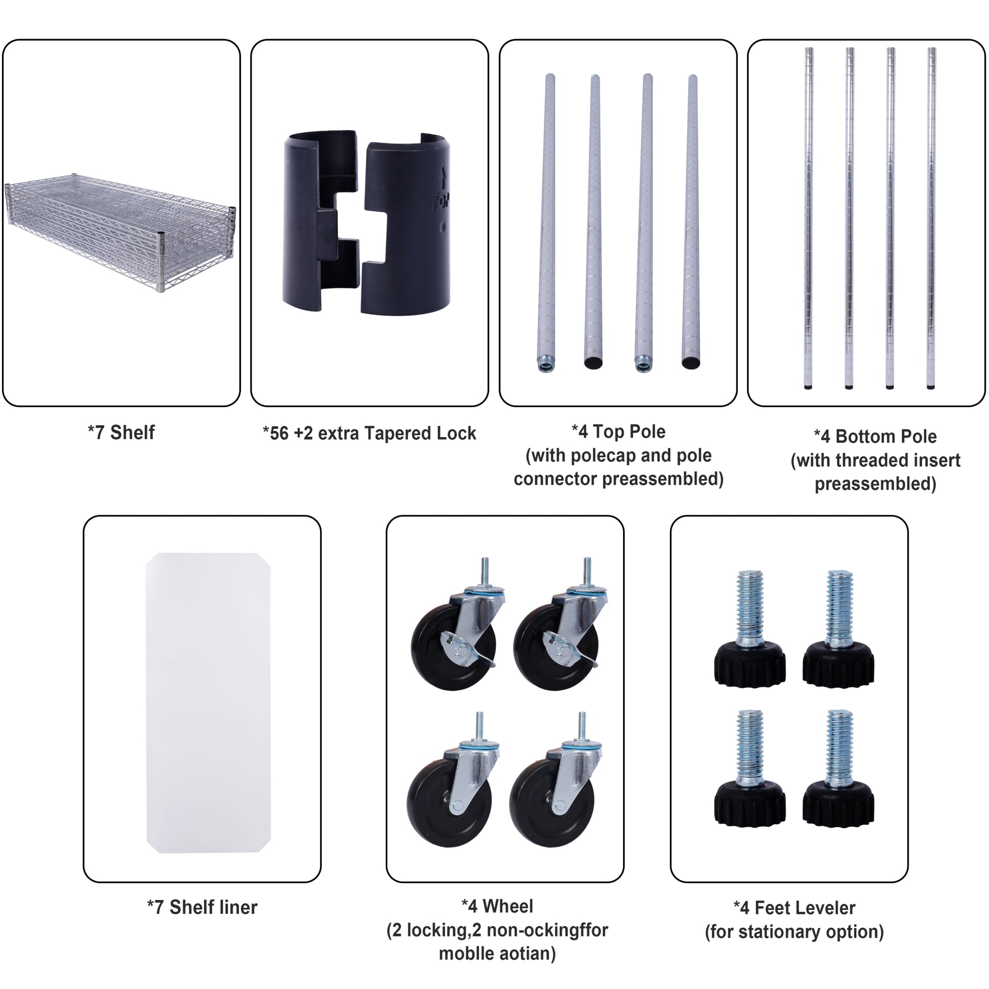 7 Tier Metal Shelf Wire Shelving Unit, 2450Lbs Heavy Duty Adjustable Storage Rack With Wheels & Shelf Liners For Closet Kitchen Garage Basement Commercial Shelving 81.5" H X 48" L X 18" D Chrome Chrome Metal