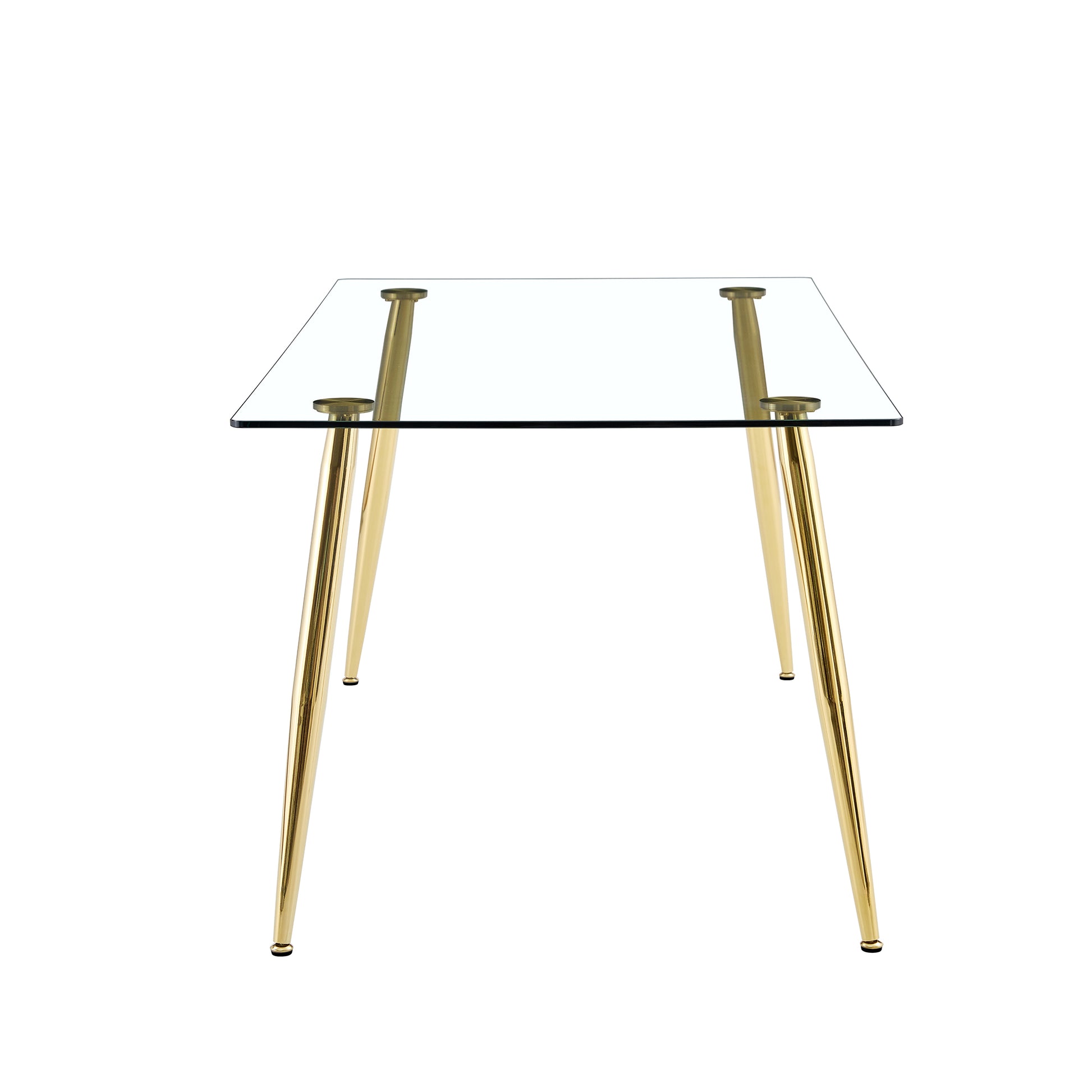 Table And Chair Set.Modern Rectangular Glass Dining Table With A Tempered Glass Tabletop And Metal Legs, Paired With Multiple Chairs Designed With Pu Cushions And Golden Metal Legs. Black Gold Seats 6 Tempered Glass