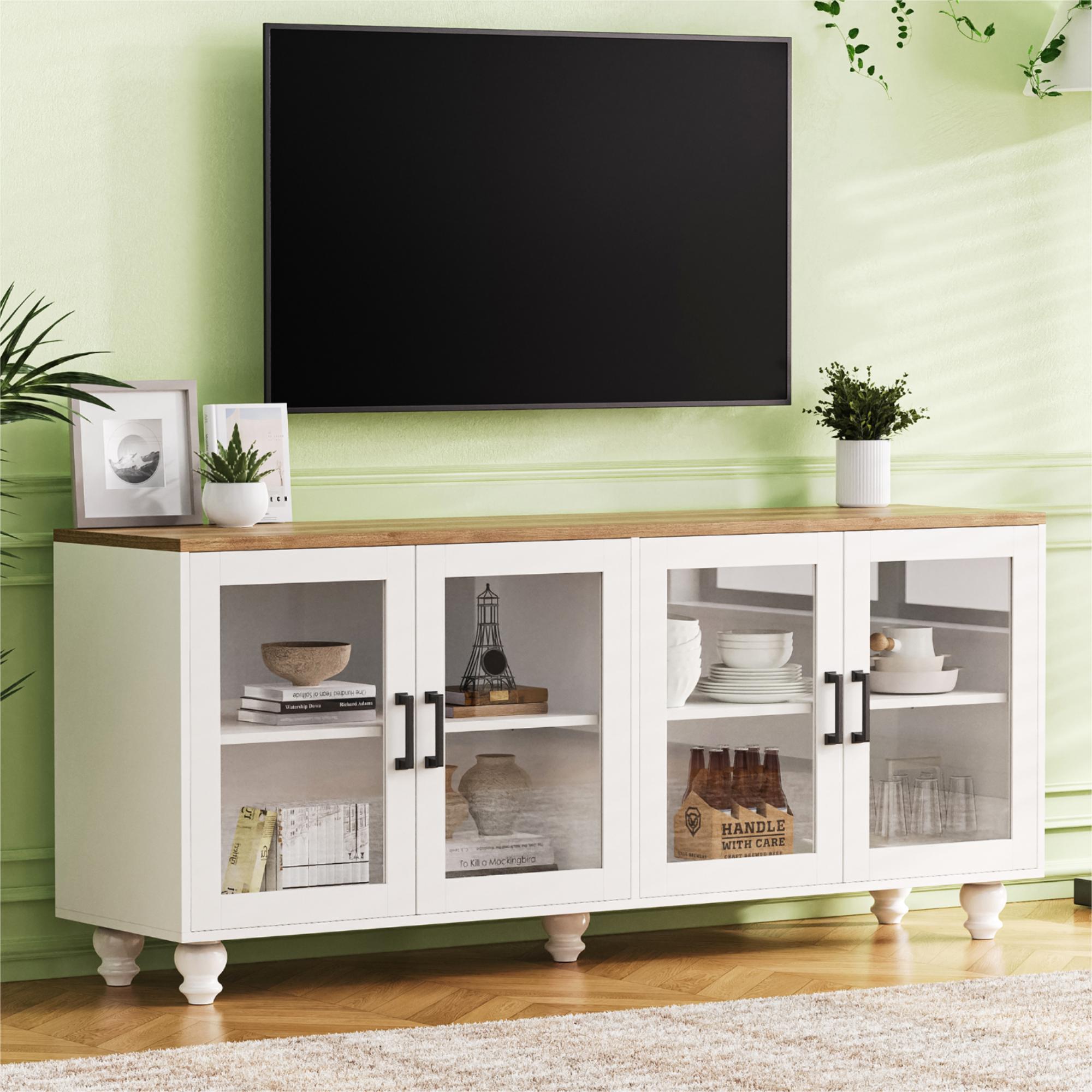 Farmhouse Tv Stand With Tempered Glass Doors For Tvs Up To 70", Versatile Sideboard With Adjustable Shelves, Elegant Buffet Cabinet With 5 Solid Wood Gourd Shaped Legs For Living Room, White White