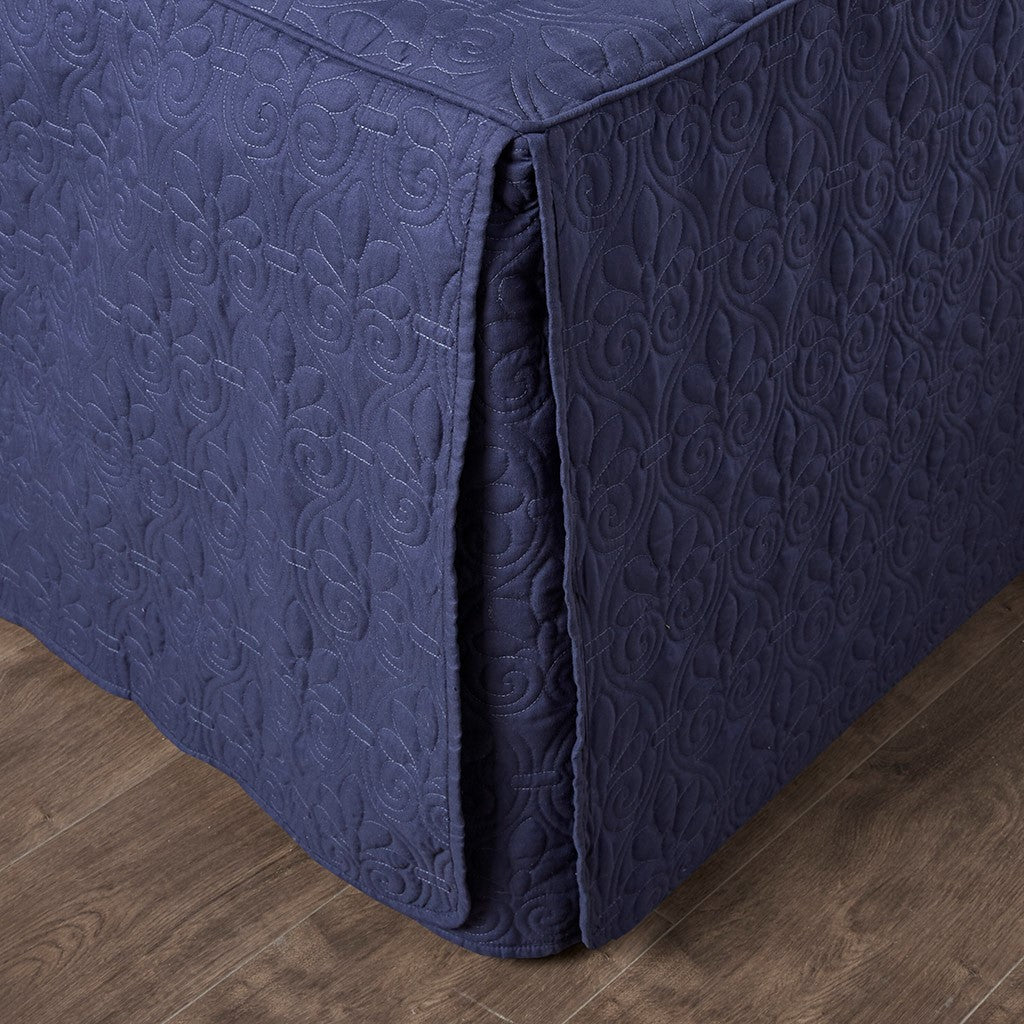 3 Piece Split Corner Pleated Quilted Bedspread Navy Queen Navy Polyester