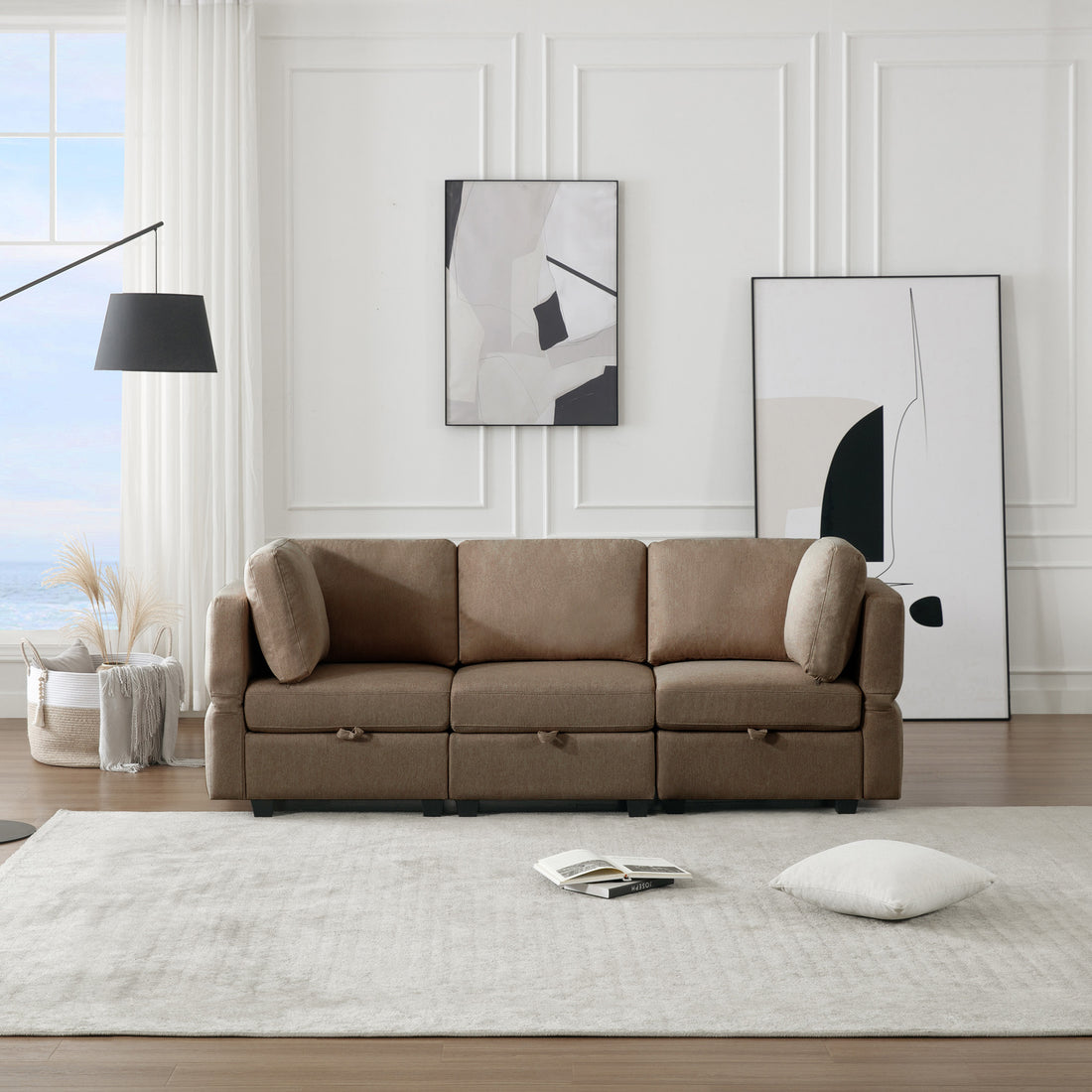 Oversized Modular Sectional Convertible Fabric Sofa Set,Extra Large Sectional Storage Seat Couch For Living Room, 3 Seat Modern Modular Sofa Brown Brown Polyester 3 Seat