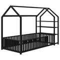 Twin Size Metal House Bed With Fence And Detachable Storage Shelves, Black Twin Black Metal