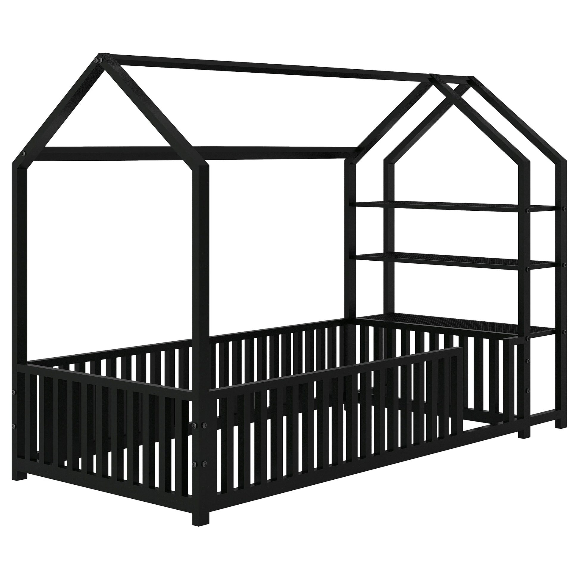 Twin Size Metal House Bed With Fence And Detachable Storage Shelves, Black Twin Black Metal