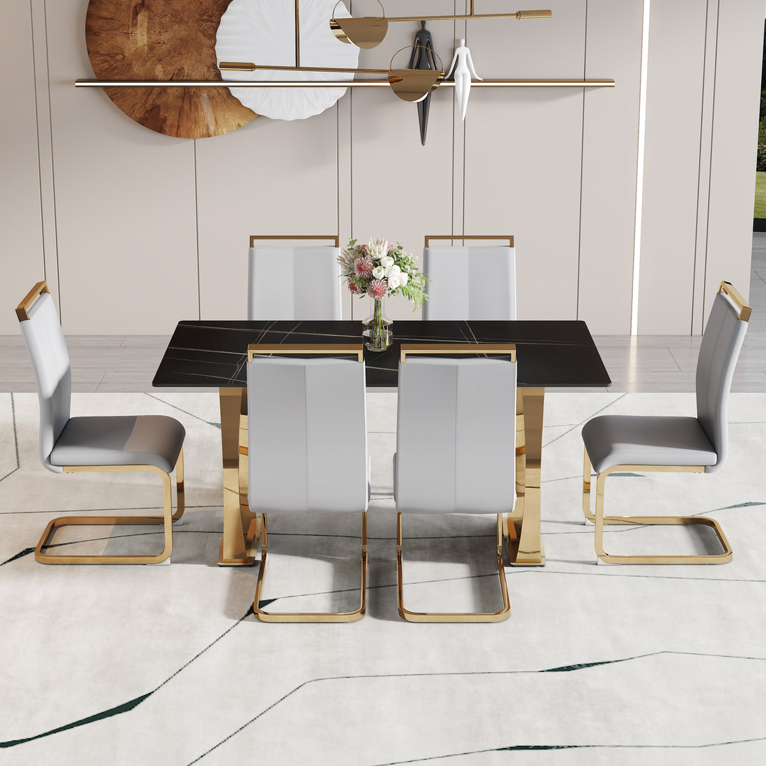 Table And Chair Set,Modern Rectangular Table With 0.4 Inch Black Patterned Tabletop And Gold Legs, Suitable For Kitchen, Dining Room, And Living Roomcomfortable Pu Seats,Perfect For Dinner, Meet Grey Black Seats 6 Sintered Stone