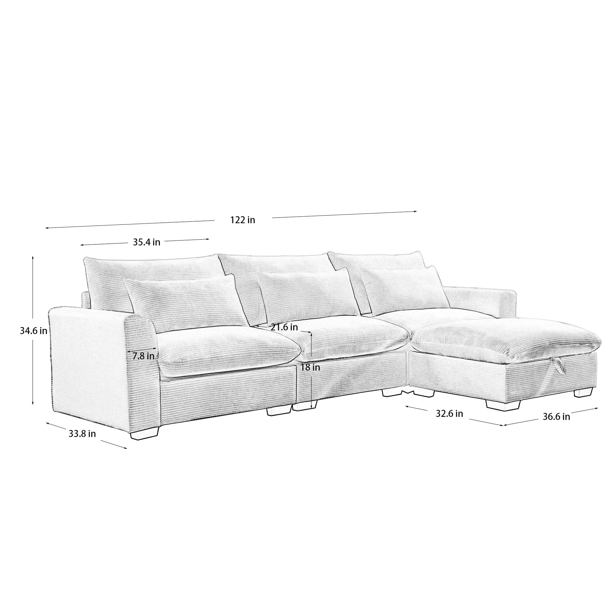 Corduroy Sectional Sofa, L Shaped Couch With Storage Footstool And 3 Pillow, Sectional Couch For Living Room Apartment, Brown Brown Corduroy 3 Seat