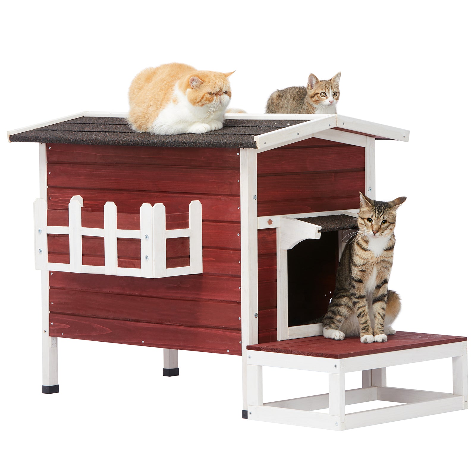 Outdoor Cat House, Large Feral Cats House With Escape Door,Wooden Outside Cat Shelter Weatherproof Red Solid Wood