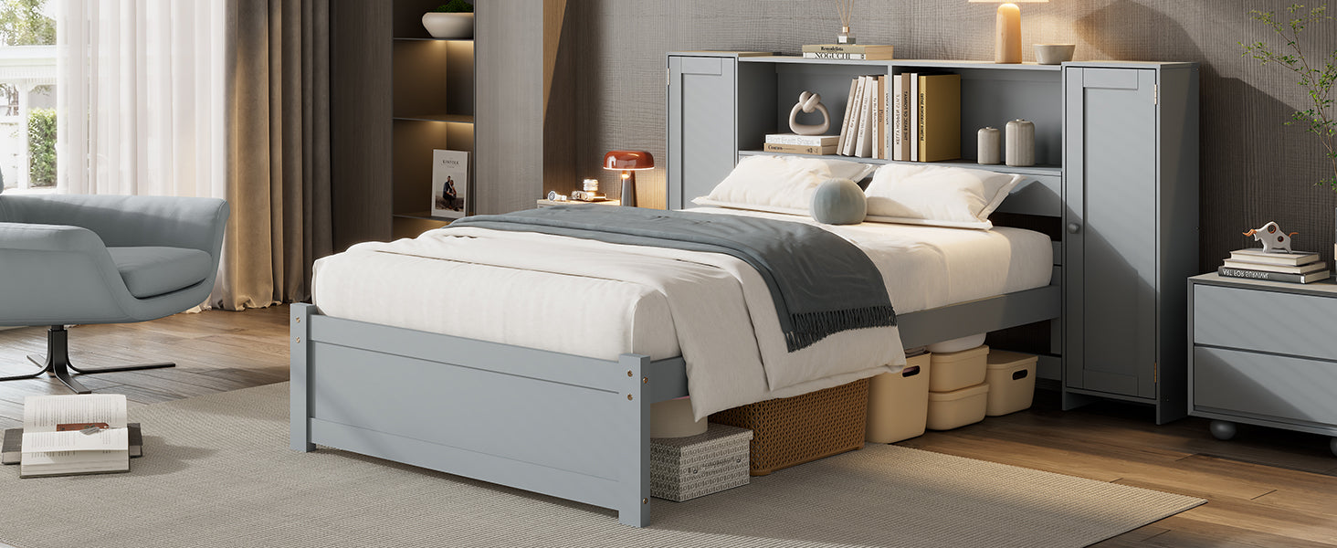 Twin Size Platform Bed With Storage Headboard And Lockers, Gray Twin Box Spring Not Required Gray Wood Bedroom Solid Wood Mdf