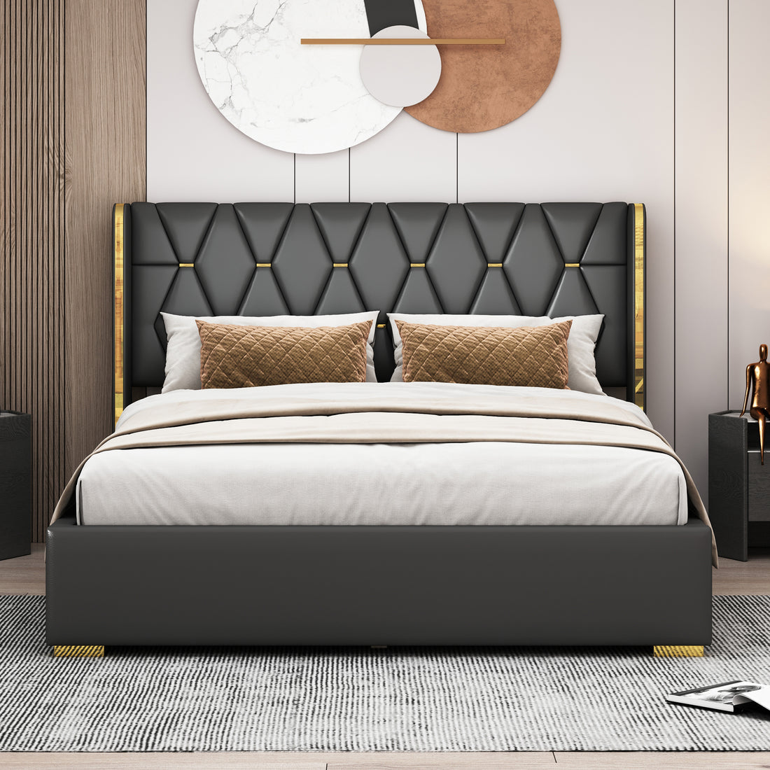 Queen Size Upholstered Platform Bed With Metal Strips, Black Queen Black Pu