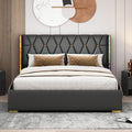Queen Size Upholstered Platform Bed With Metal Strips, Black Queen Black Pu