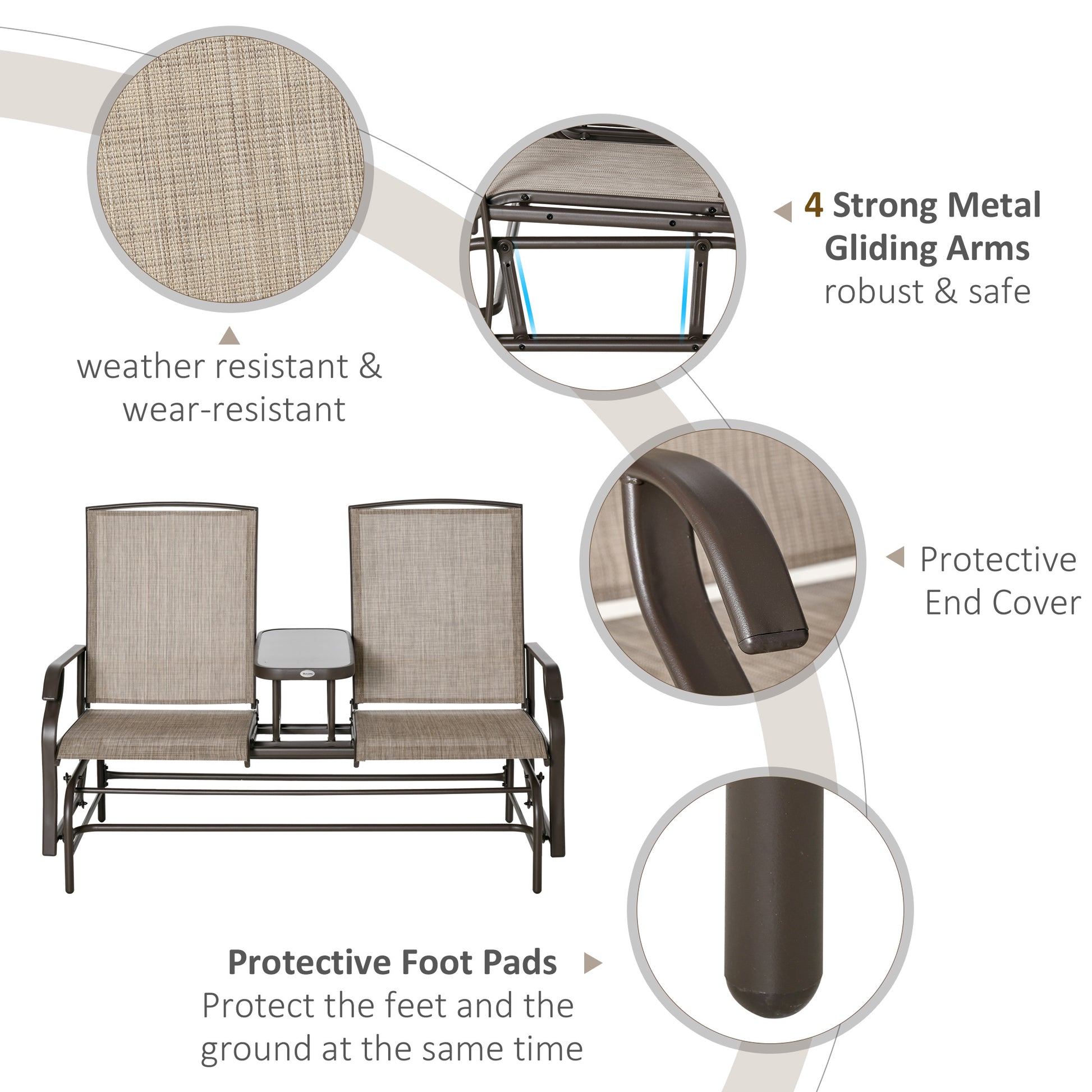 Outsunny Outdoor Glider Bench With Center Table, Metal Frame Patio Loveseat Withmesh Fabric And Armrests For Backyard Garden Porch, Brown Brown Steel