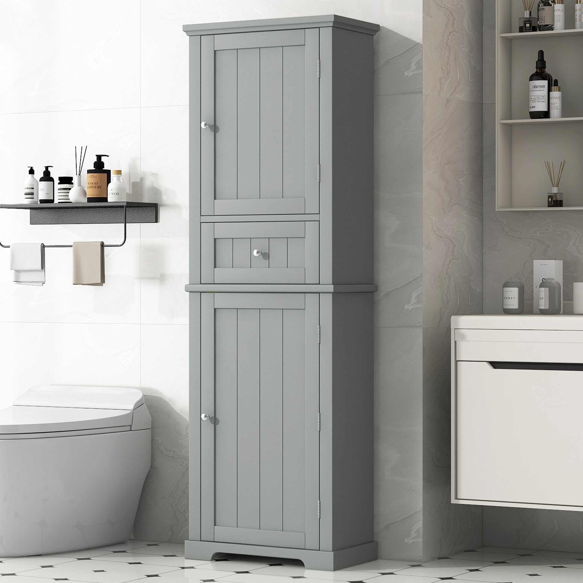 Tall Bathroom Storage Cabinet, Freestanding Storage Cabinet With Drawer And Adjustable Shelf, Mdf Board With Painted Finish, Grey Grey Mdf