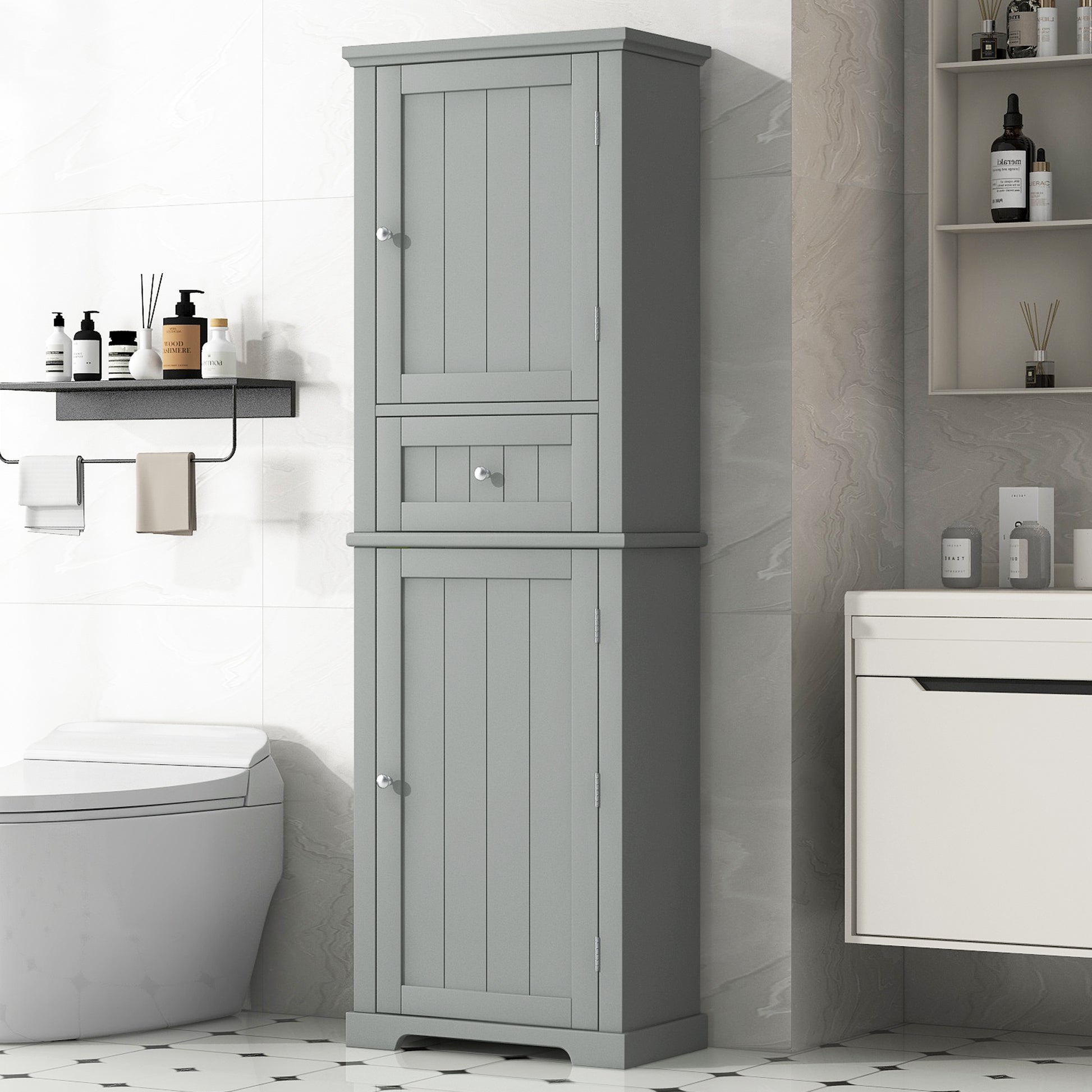 Tall Bathroom Storage Cabinet, Freestanding Storage Cabinet With Drawer And Adjustable Shelf, Mdf Board With Painted Finish, Grey Old Sku:Wf312727Aae Grey Mdf