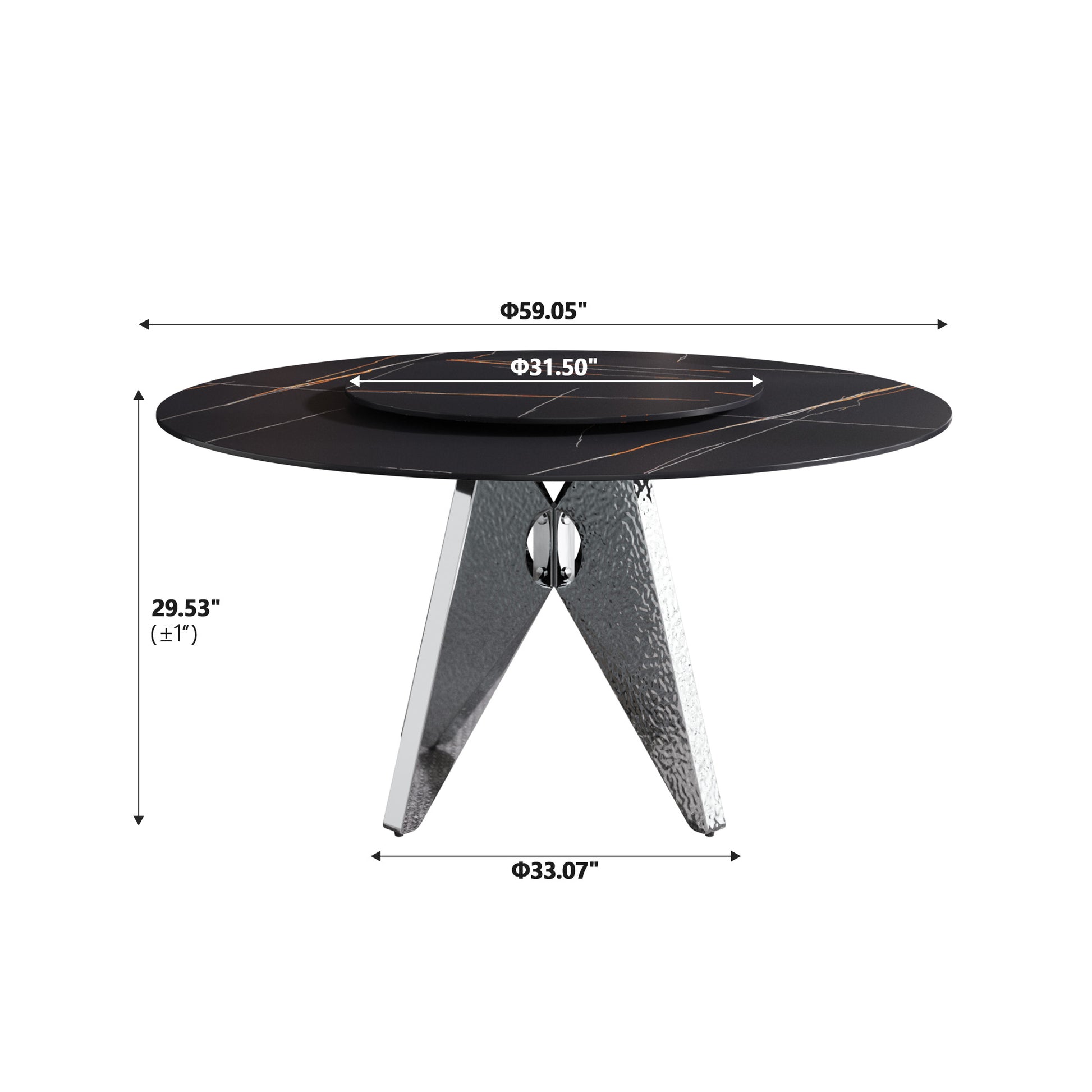 59.05" Round Marble Dining Table Withsilver Stainless Steel Design Base, Artificial Marble For 6 8 People, 31.5"Black Artificial Stone Turntable,Black Dining Table Only Black,Silver Dining Room