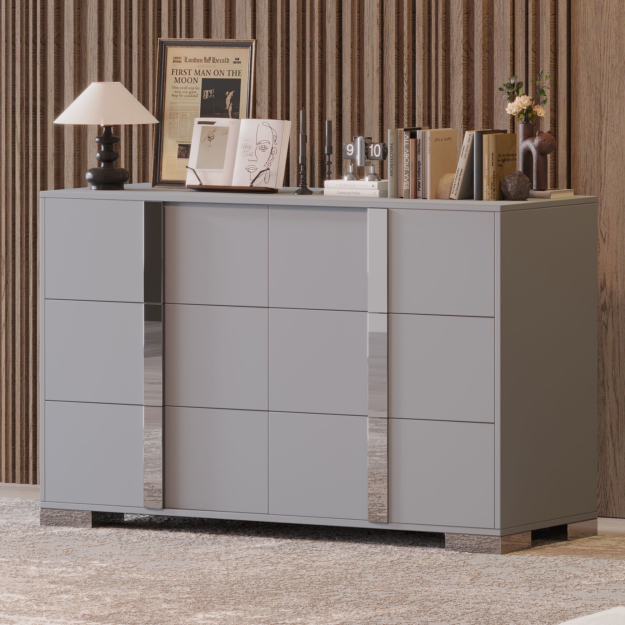 Elegant Modern Dresser With Metal Handle,Mirrored Storage Cabinet With 6 Drawers For Bedroom,Living Room,Grey Grey Mdf Metal