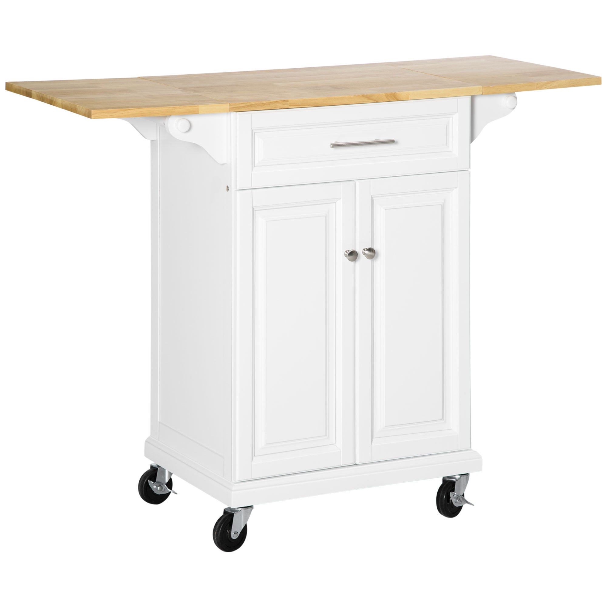 Homcom Kitchen Island With Drop Leaf Trolley Cart On Wheels Drawer Cabinet Towel Racks Versatile Use Natural Wood Top And White White Mdf