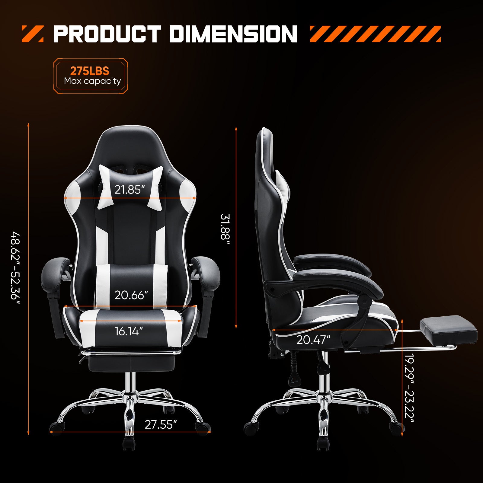 Video Game Desk Chair Ergonomic Computer With Footrest And Comfy Lumbar Support, Pu Leather Recliner With Headrest, Fixed Up Armrest, Height Adjustable With 360 Swivel, For Adults, White Black White Faux Leather