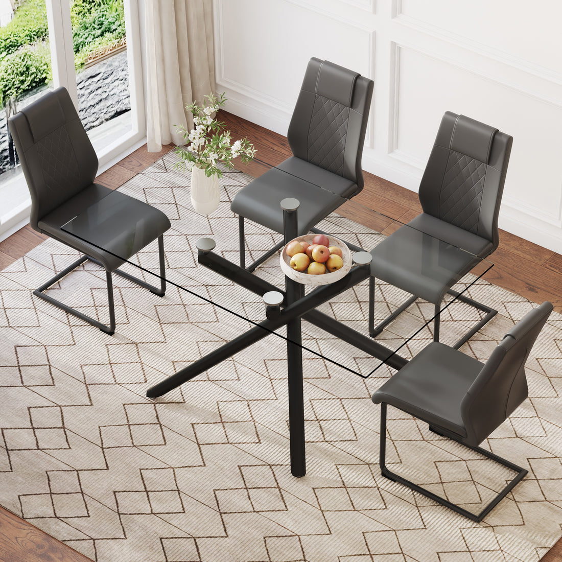 Table And Chair Set.Modern Rectangular Glass Dining Table With 0.39" Tempered Glass Tabletop And Black Metal Legs.Paired With Multiple Chairs Designed With Pu Cushions And Black Metal Legs. Black Grey Seats 4 Tempered Glass