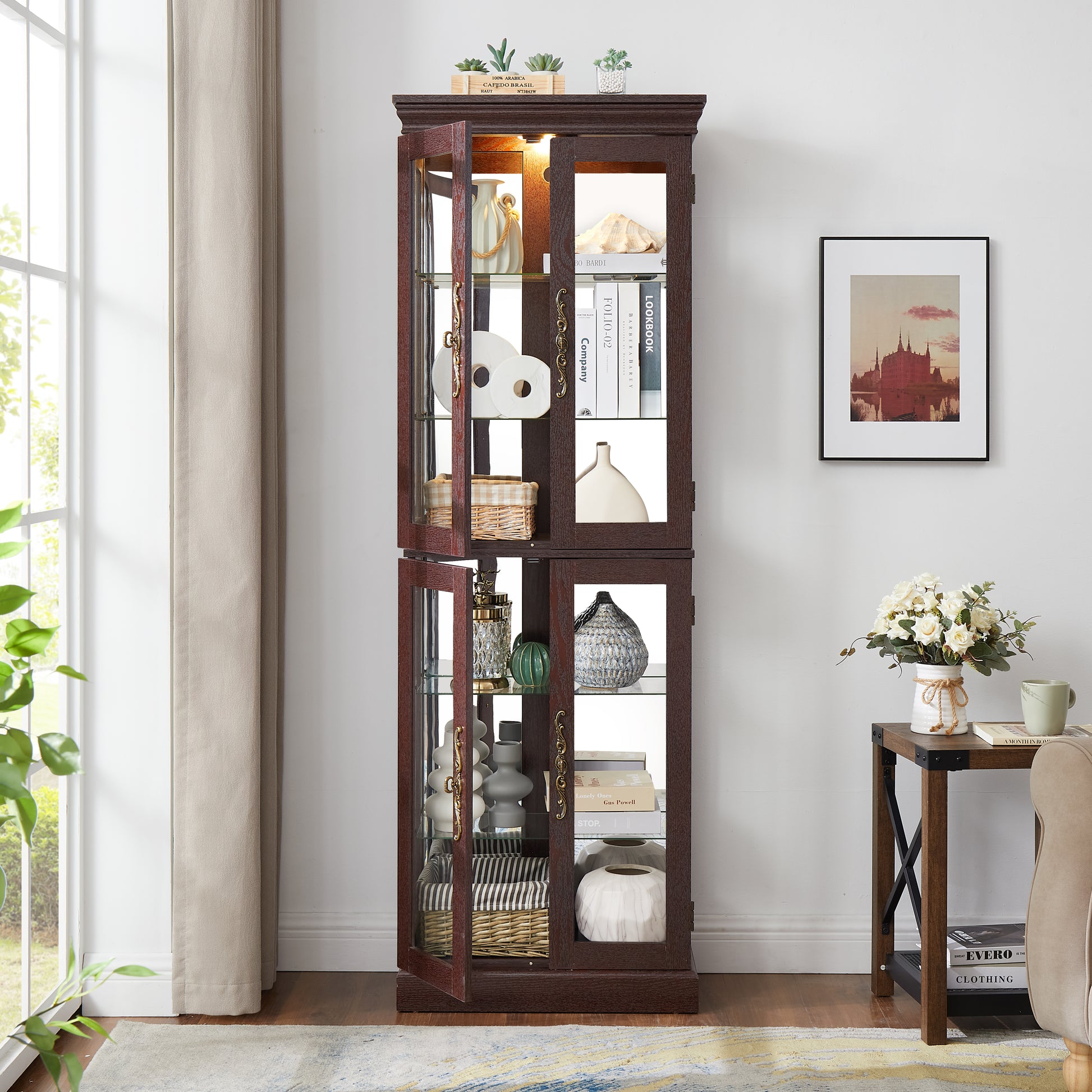 Lighted Glass Curio Display Cabinet,Display Cabinet,Glass Storage Cabinet Glass Wine Cabinet Wood Frame Toy Display For Living Room, Kitchen, Pantry Light Bulb Included Dark Cherry Cherry Mdf