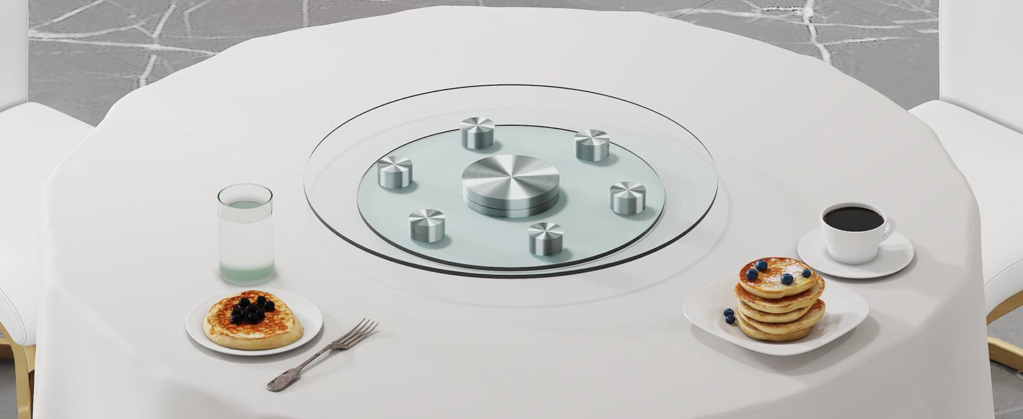 Double Layer Rotatable Round Glass.The Rotatable Design Makes It More Convenient To Retrieve And Place Items.The Upper Glass Has A Diameter Of 20 Inches, While The Lower Glass15 Inches. Transparent Glass