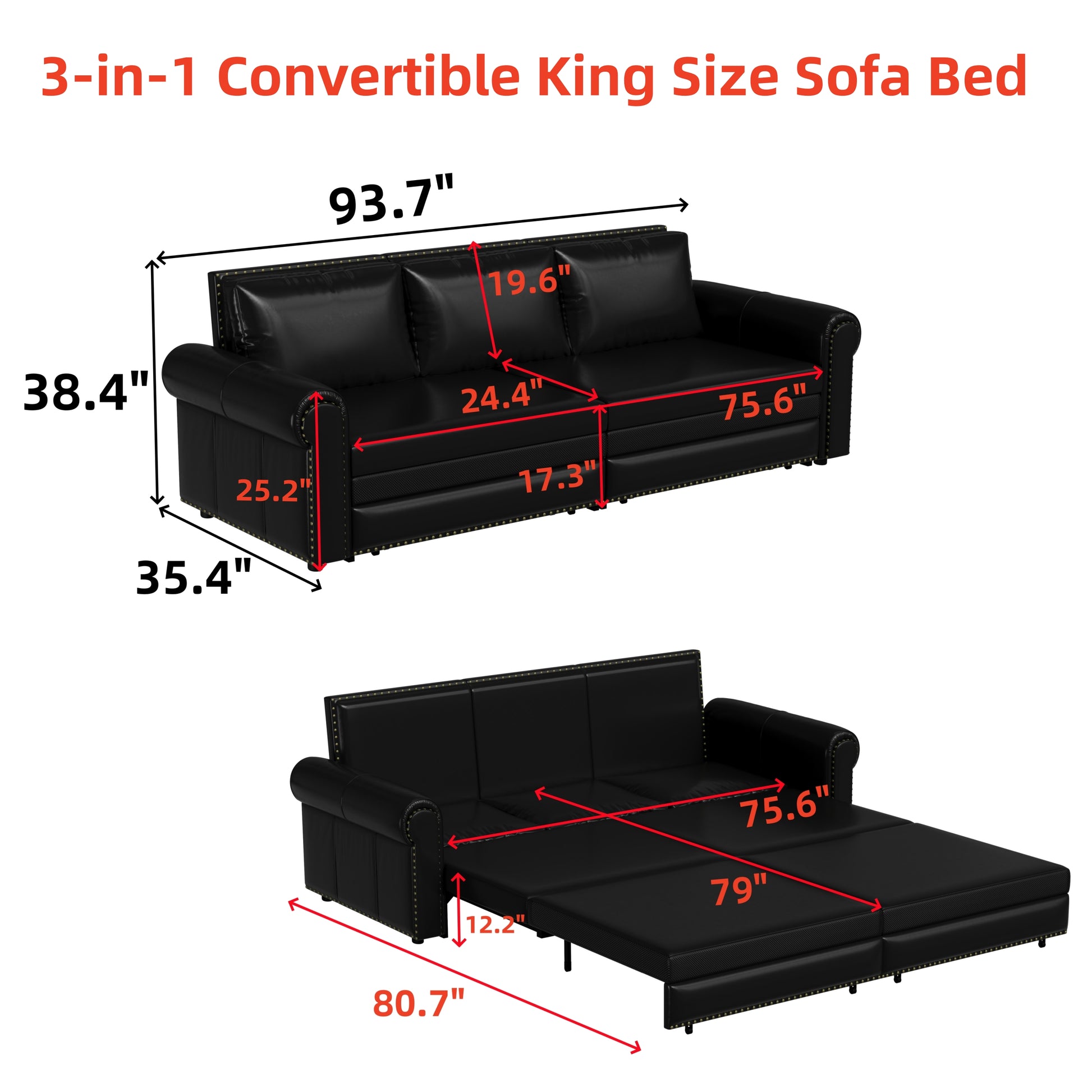 Chesterfield Sofa,93.7" King Pull Out Sofa Bed, 3 In 1 Faux Leather Convertible Sleeper Sofa With Trim & Rolled Arm,Multi Functional Sofa Bed For Living Room,Bedroom,Apartment,Office,Balck Black