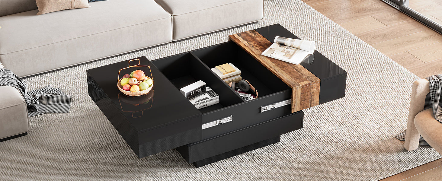 31.4'' X 31.4'' Square Coffee Table With Sliding Tabletop, High Gloss Center Table With Hidden Storage Compartment, Extendable Cocktail Table With Walnut Grain Finish For Living Room, Black Black Square Mdf