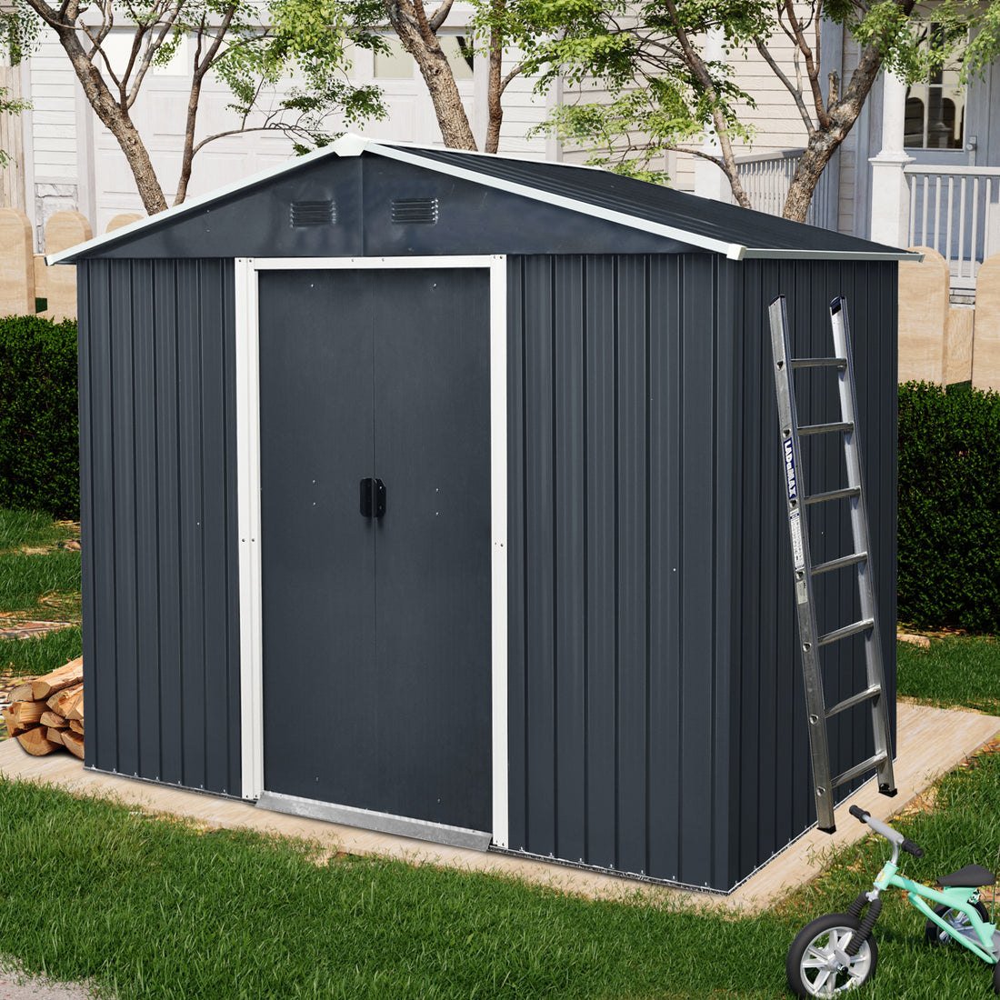 8Ft X 4Ft Outdoor Metal Storage Shed With Sliding Door And Foundation For Backyard, Patio, Lawn Black And White Black White Metal