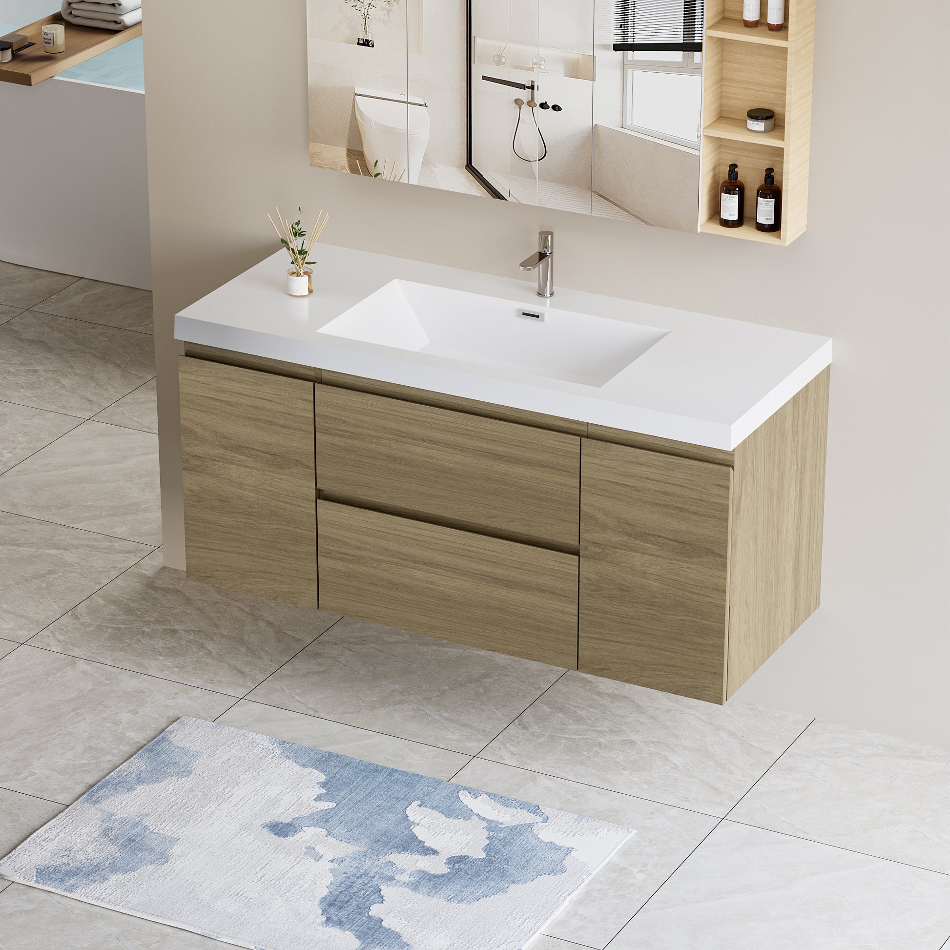 48" Floating Bathroom Vanity with Sink, Modern Wall 2-oak-2-bathroom-wall mounted-melamine