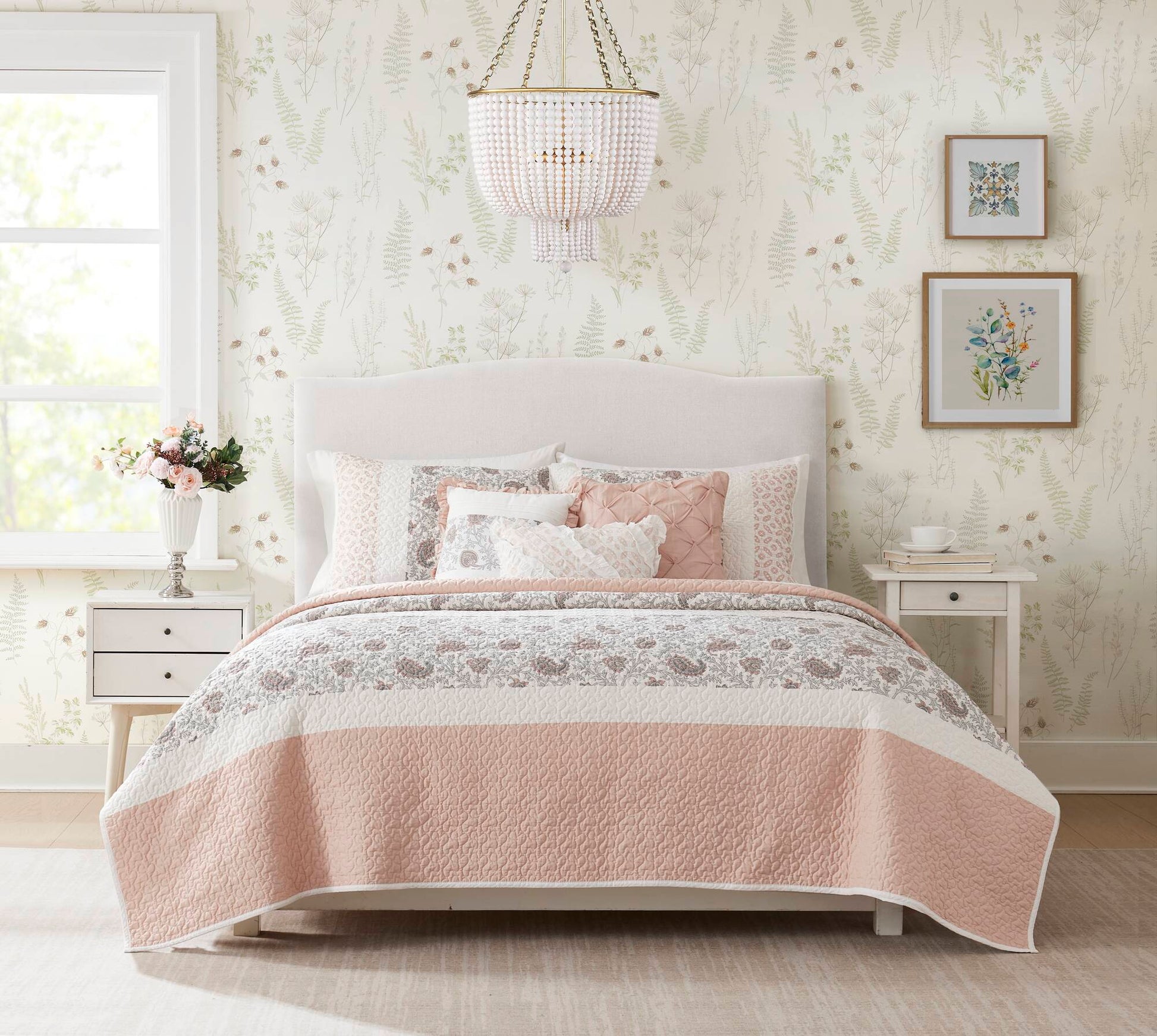 6 Piece Cotton Percale Quilt Set With Throw Pillows Blush Full Queen Full Blush Polyester
