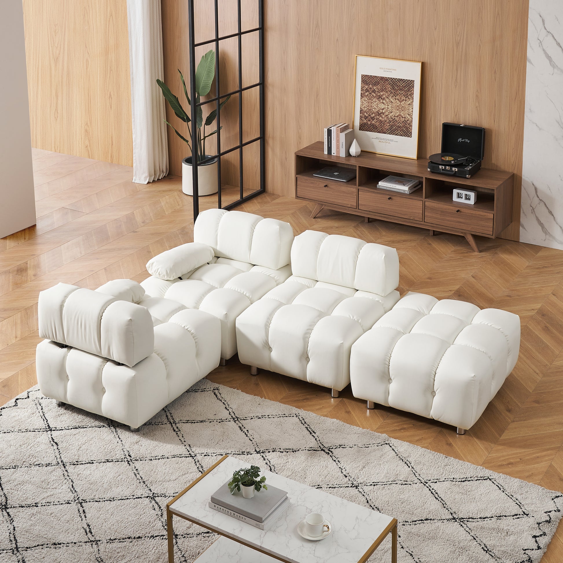 A 90.60 Inch Technology Cloth Beige Sofa, Waterproof, Stain And Cat Scratch Resistant, Can Comfortably Sit In The Apartment Bedroom Without Taking Up Space. White Polyester Blend 4 Seat